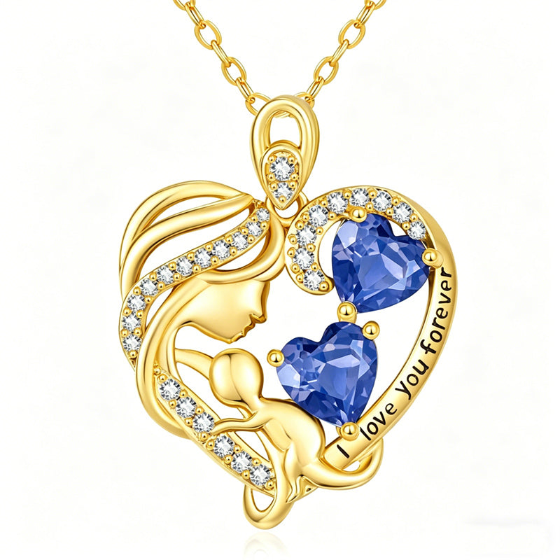 10K 14K 18K Gold Double Birthstone Heart Mother Son/Daughter Pendant Necklace for Mom