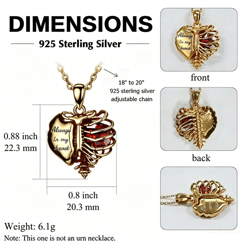14K Gold Plated  Heart Birthstone Skeleton Necklace With Engraved