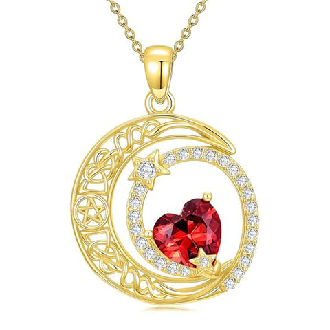 10K 14K 18K Gold Heart Birthstone Moon and Star Pendant  Necklace for Women