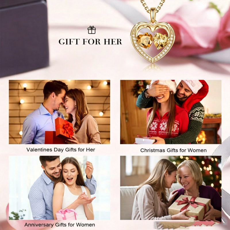 14K Gold Plated Double Heart Birthstone Necklace Anniversary Birthday Gifts for Women