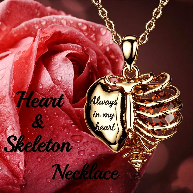 14K Gold Plated  Heart Birthstone Skeleton Necklace With Engraved