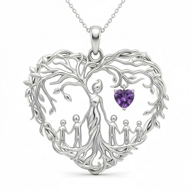 Sterling Silver Heart Pendant Birthstone Tree of Life Mother Child Family Necklace