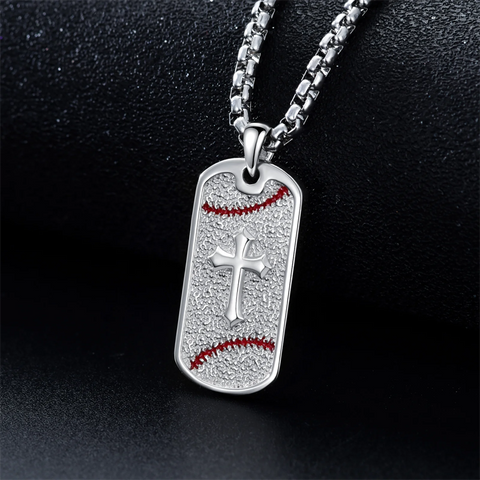 Baseball Dog Tag Cross Necklace in Sterling Silver Gifts for Men
