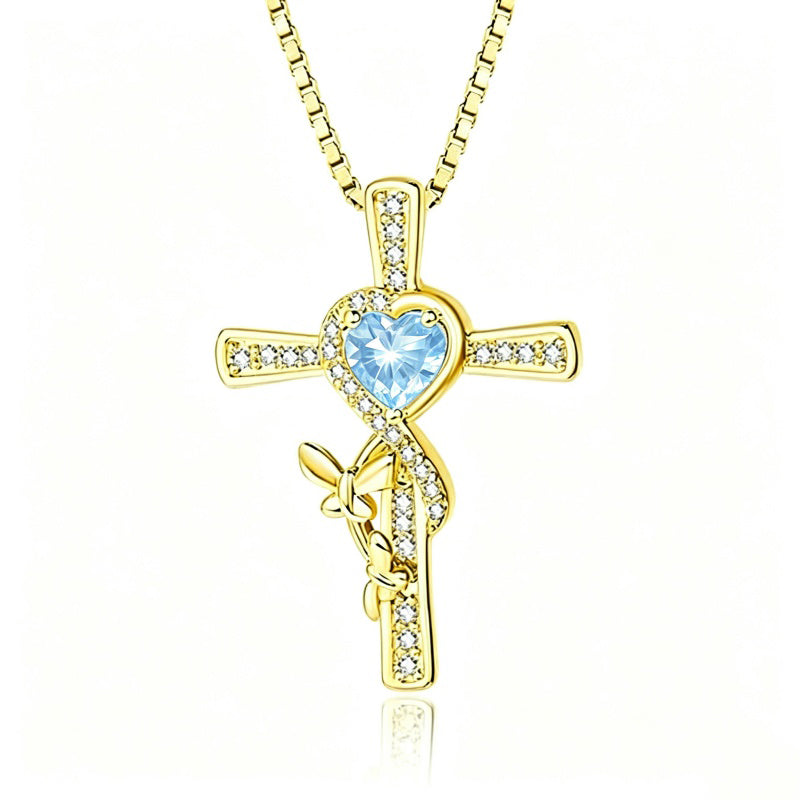 14K Gold Plated Birthstone Butterfly  Cross Pendant Necklace Anniversary Birthday for Her