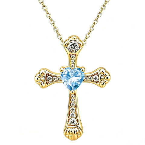14K Gold Plated Heart Cut Cubic Zirconia Cross  Pendant Necklace For Women Religious Faith Jewelry