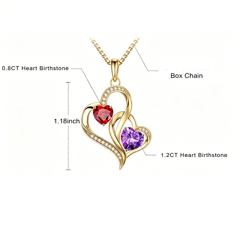 14K Gold Plated Double Heart Birthstone Necklace Anniversary Birthday Gifts