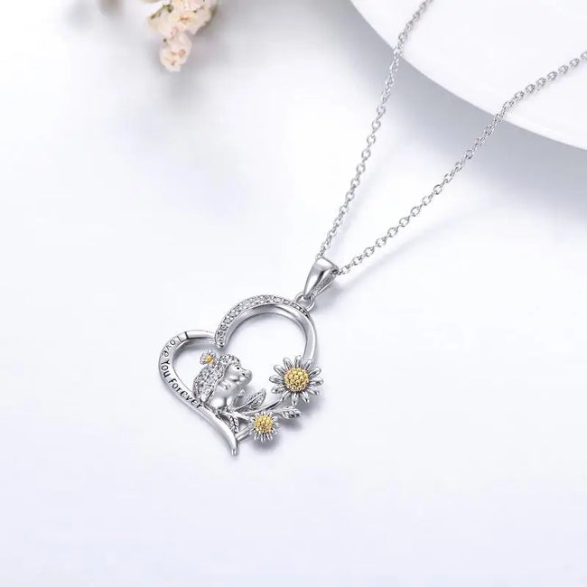 925 Sterling Silver Hedgehog Sunflower Heart Necklace Cubic Zirconia I Love You Forever