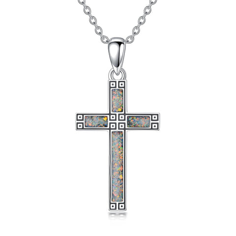 Sterling Silver Turquoise Obsidian Opal Necklace Christian Cross Pendant Necklace