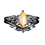 Sterling Silver Hexagon Gemstone Vintage Leaf Engagement Wedding Anniversary Ring Set