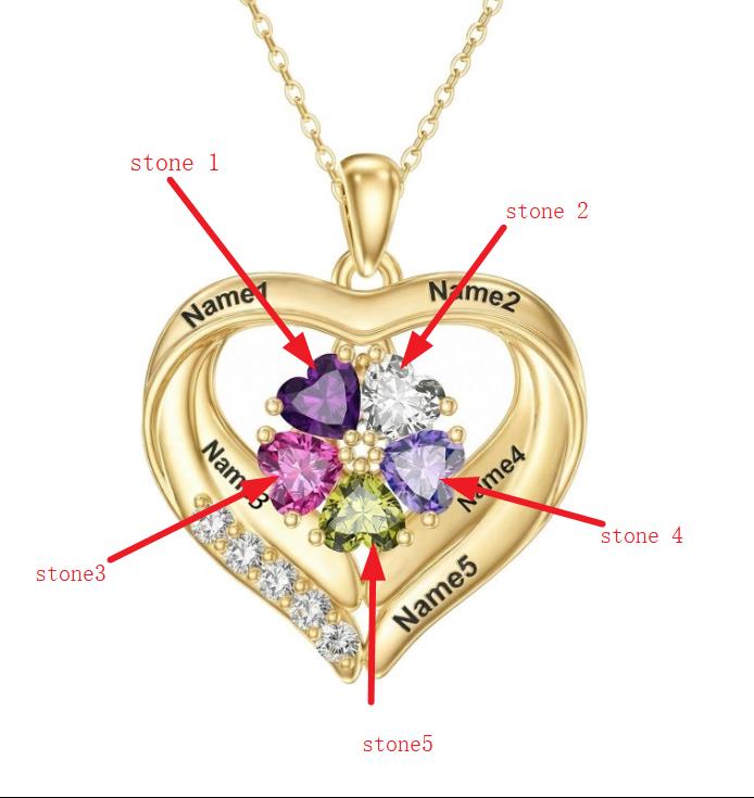 14K Gold Plated Personalized 1-5 Heart Birthstone Names Necklace  for Women