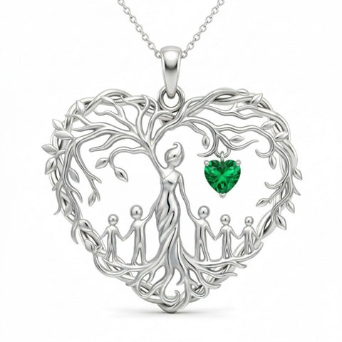 Sterling Silver Heart Pendant Birthstone Tree of Life Mother Child Family Necklace
