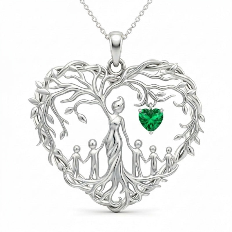 Sterling Silver Heart Pendant Birthstone Tree of Life Mother Child Family Necklace