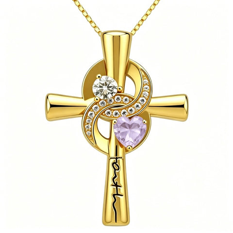 14K Gold Plated Dainty Heart Birthstone Pendant Cross Necklace for Women Religious Gift