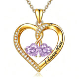 14K Gold Plated Double Heart Birthstone Rose Pendant Necklace for Women