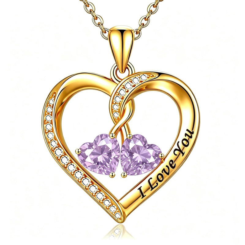 14K Gold Plated Double Heart Birthstone Rose Pendant Necklace for Women