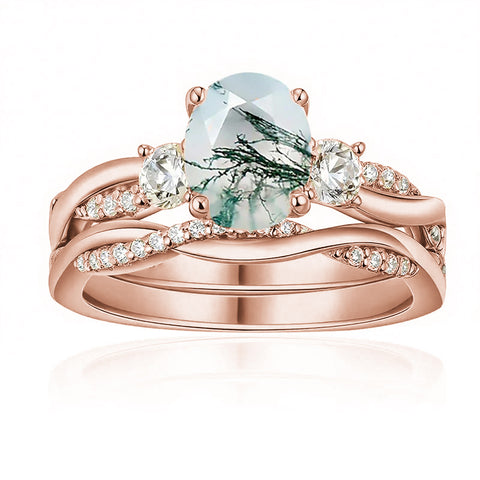 Sterling Silver Oval Round Natural Moss Agate Couples Promise Wedding Ring Set
