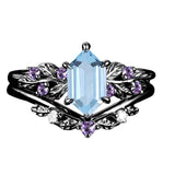 Sterling Silver Hexagon Gemstone Vintage Leaf Engagement Wedding Anniversary Ring Set