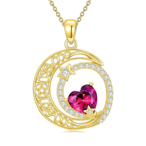 10K 14K 18K Gold Heart Birthstone Moon and Star Pendant  Necklace for Women