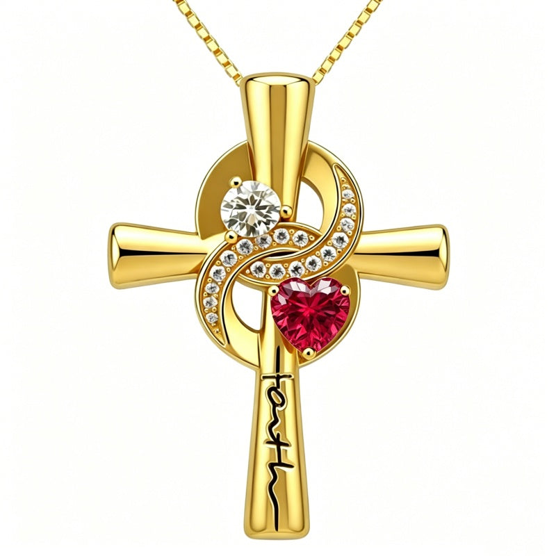 14K Gold Plated Dainty Heart Birthstone Pendant Cross Necklace for Women Religious Gift
