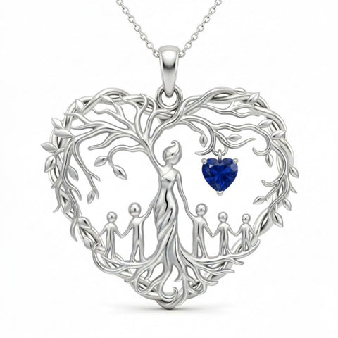 Sterling Silver Heart Pendant Birthstone Tree of Life Mother Child Family Necklace