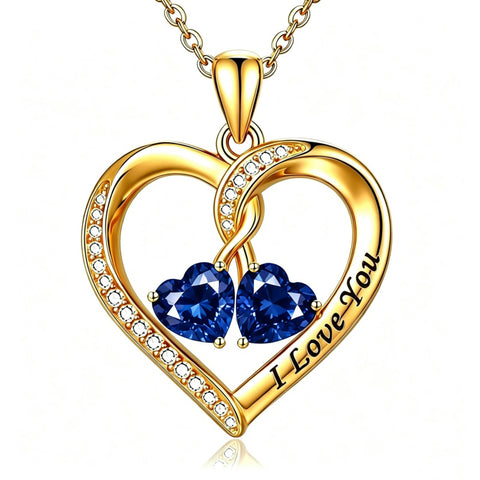 14K Gold Plated Double Heart Birthstone Rose Pendant Necklace for Women