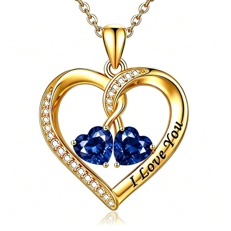14K Gold Plated Double Heart Birthstone Rose Pendant Necklace for Women