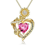 10K 14K 18K Gold  12 Months Birthstones Sunflower Pendant Necklace Engraved with You are My Sunshine
