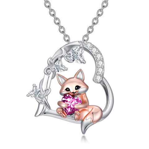 Sterling Silver Heart Birthstone Fox Pendant Necklace