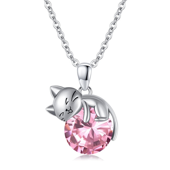 Cat Necklace wih Bithstone 925 Sterling Silver Cat Pendan Necklace Gift for Women