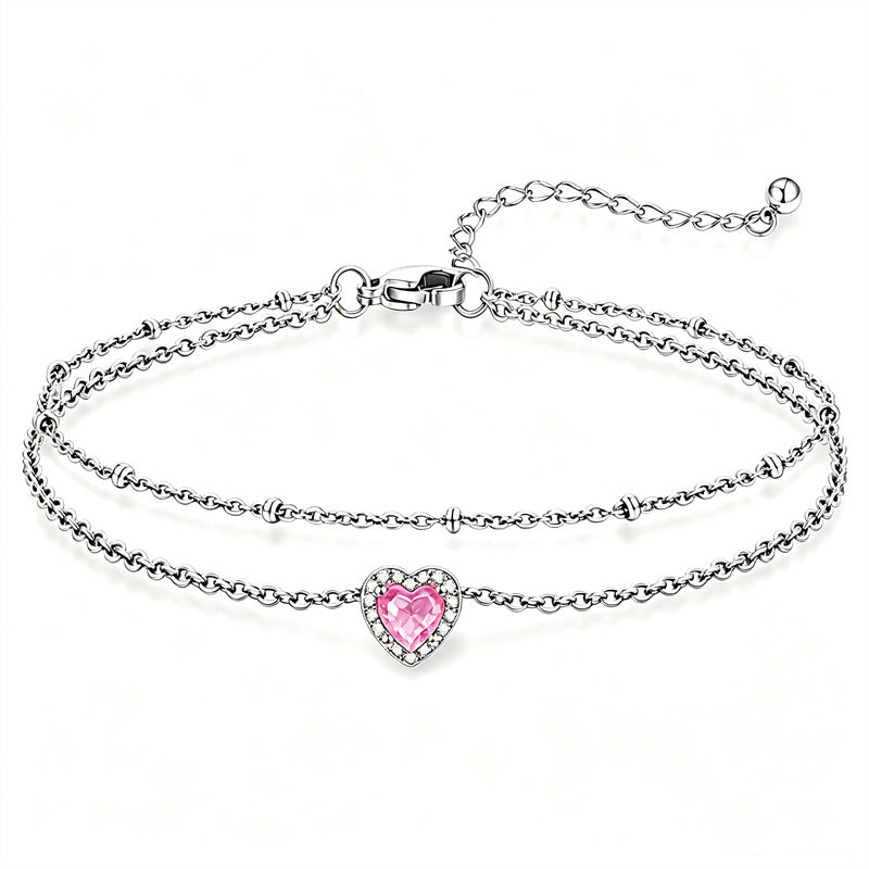 Sterling Silver Birthstone Double Layer Anklet for Beach Weddings, Summer Vacations & Pool Parties