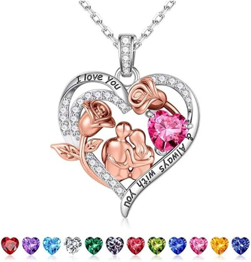 Sterling Silver Heart Birthstone Couple Hugging Necklace for Women Valentine's Day Gift