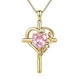 14K Gold  Plated Heart Shape Birthstone  Love Cross Necklace for Women Religious Jewelry