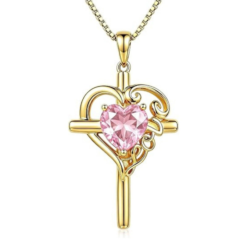 14K Gold  Plated Heart Shape Birthstone  Love Cross Necklace for Women Religious Jewelry