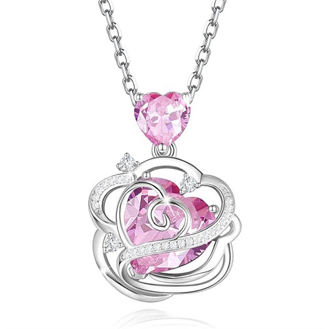 Sterling Silver Thornless Pulse Heart Birthstone  Rose Pendant Necklace