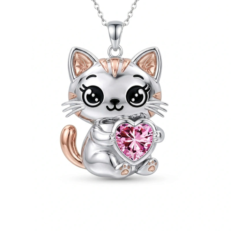 Sterling Silver 12 Month Birthstone Cat Pendant Necklace Birthstone Jewelry Gifts for Birthday