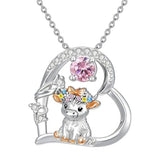 Sterling Silver Round Heart Birthstone Highland Cow Pendant Necklace Fluffy Cow Jewelry Gifts Birthday Christmas