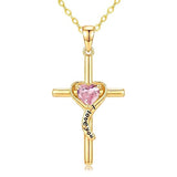 14K Gold Plated Dainty Heart Birthstone Pendant Cross Necklace for Women Religious Gift