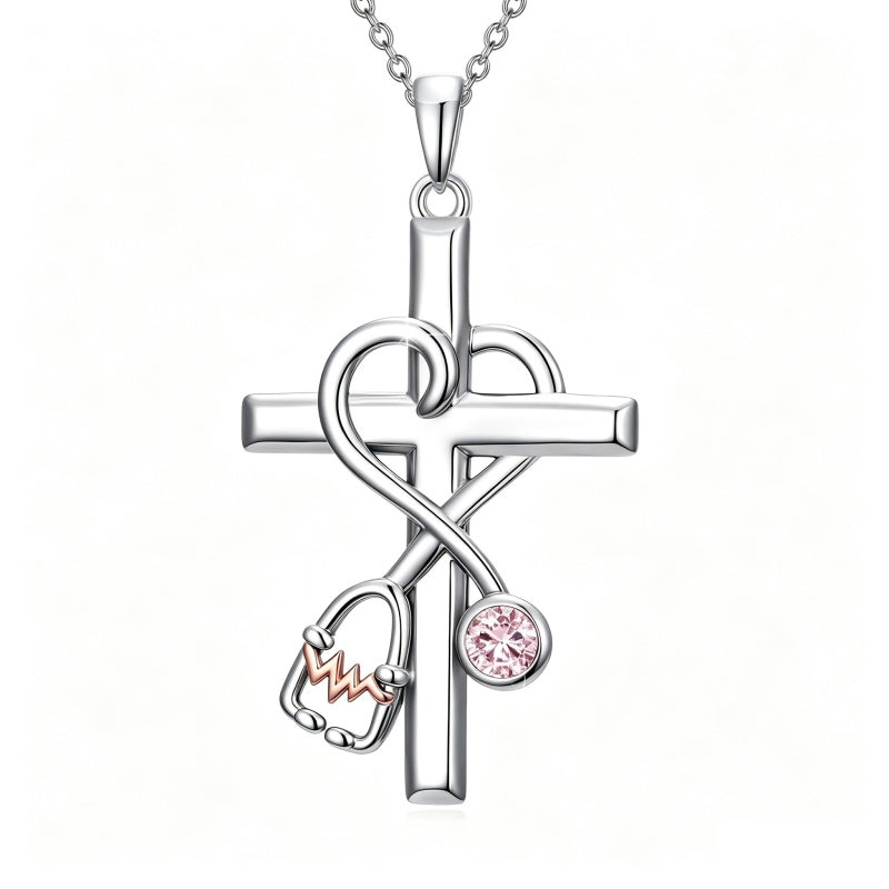 14K Gold Plated  Birthstone Stethoscope Cross Necklace Graduation Gifts for Women RN