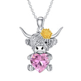 14K Gold Heart Birthstone Highland Cow Pendant Necklace