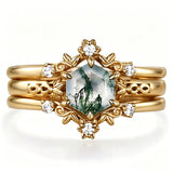 Sterling Silver 10K 14K 18K Gold 2CT Moss Agate Vine Leaf Women's Bridal Ring Sets for Wedding Engagement