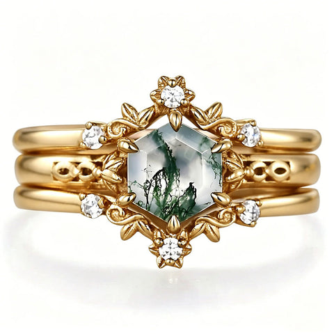 Sterling Silver 10K 14K 18K Gold 2CT Moss Agate Vine Leaf Women's Bridal Ring Sets for Wedding Engagement