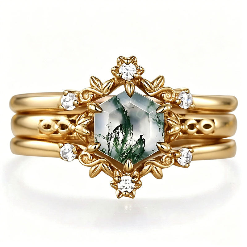 Sterling Silver 10K 14K 18K Gold 2CT Moss Agate Vine Leaf Women's Bridal Ring Sets for Wedding Engagement