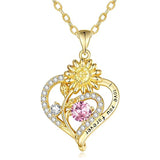 Sterling Sliver Birthstone Love Heart & Sunflower Pendant Necklace Engraved With You Are My Sunshine