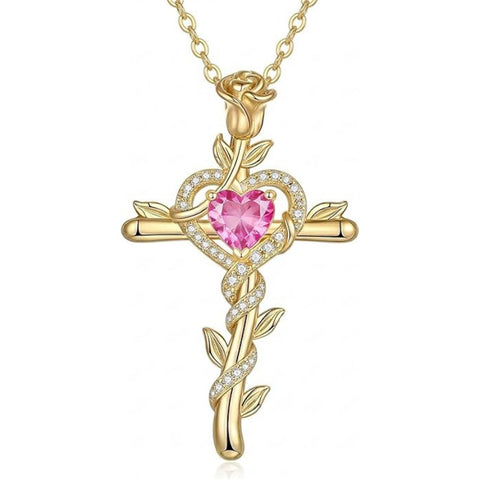 14K Gold Plated Heart Birthstone Rose Cross  Pendant Necklace  Religious Christian Jewelry for Women