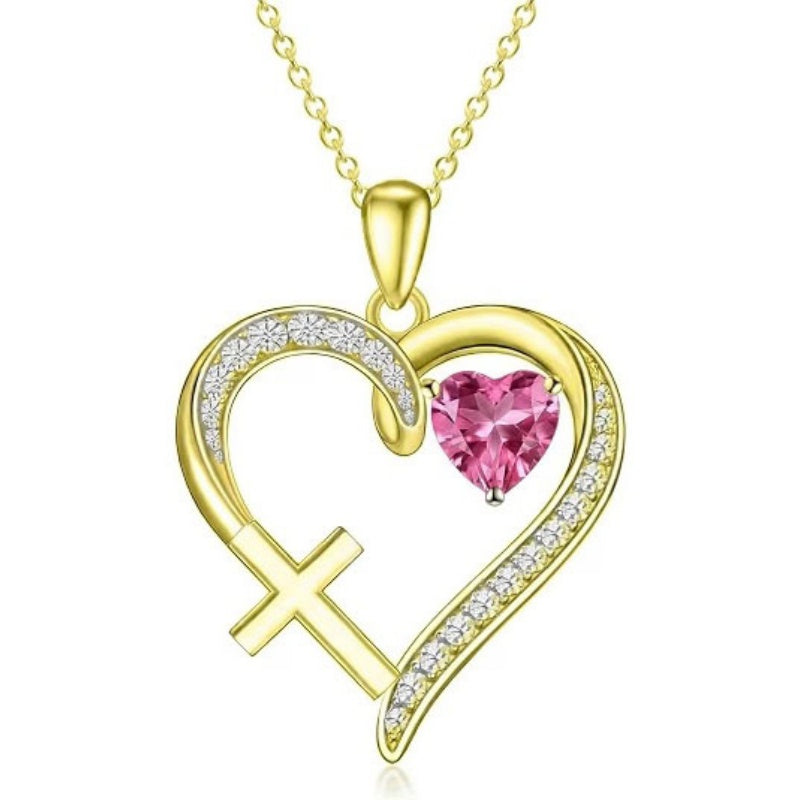 14K Gold  Plated 12 Months Birthstone  Heart Cross Pendant Necklace  for Women