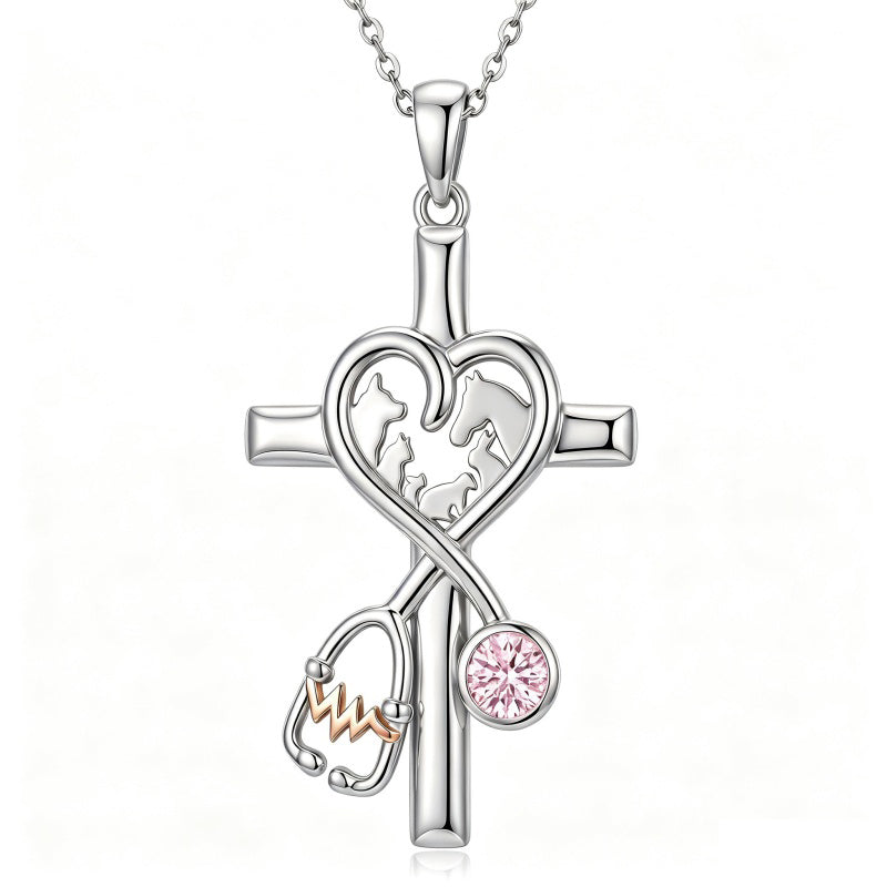 14K Gold Plated  Birthstone Stethoscope Cross Necklace Graduation Gifts for Women RN