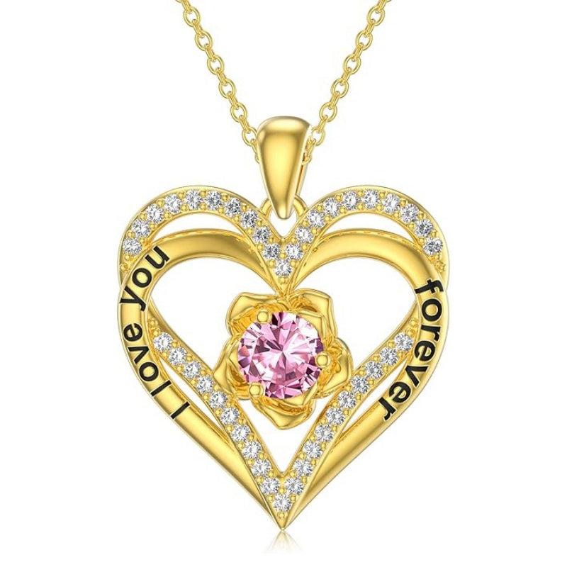 14K Gold Plated  Birthstone Rose Flower Pendant Necklace Birthday Wedding Anniversary Jewelry Gifts for Women