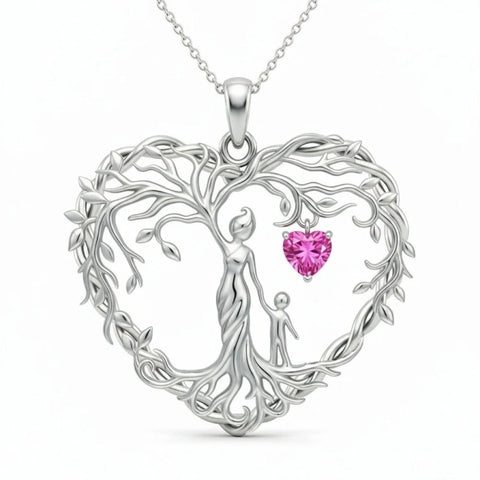 Sterling Silver Heart Pendant Birthstone Tree of Life Mother Child Family Necklace