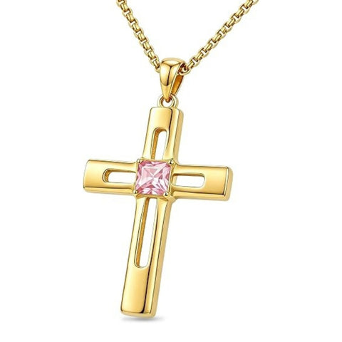14K Gold Plated Birthstone Cross Pendant Necklace for Women  Anniversary Christmas Birthday Gift