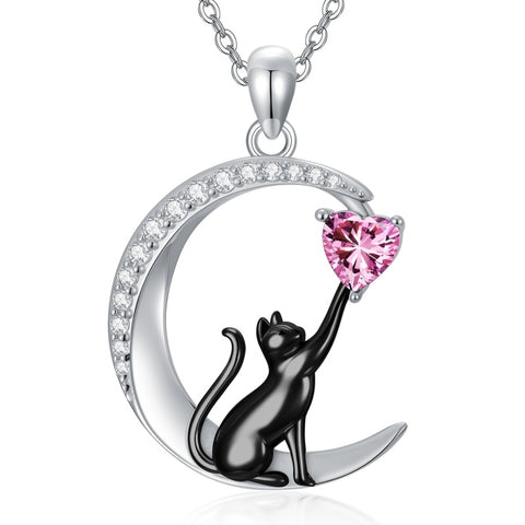 Sterling Silver Heart Birthstone Cat Pendant Necklace
